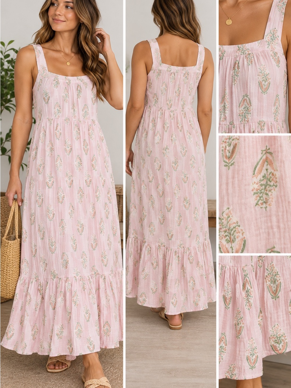 Wonderly XL Pink Floral Tiered Maxi Dress 100% Cotton Boho Cottagecore